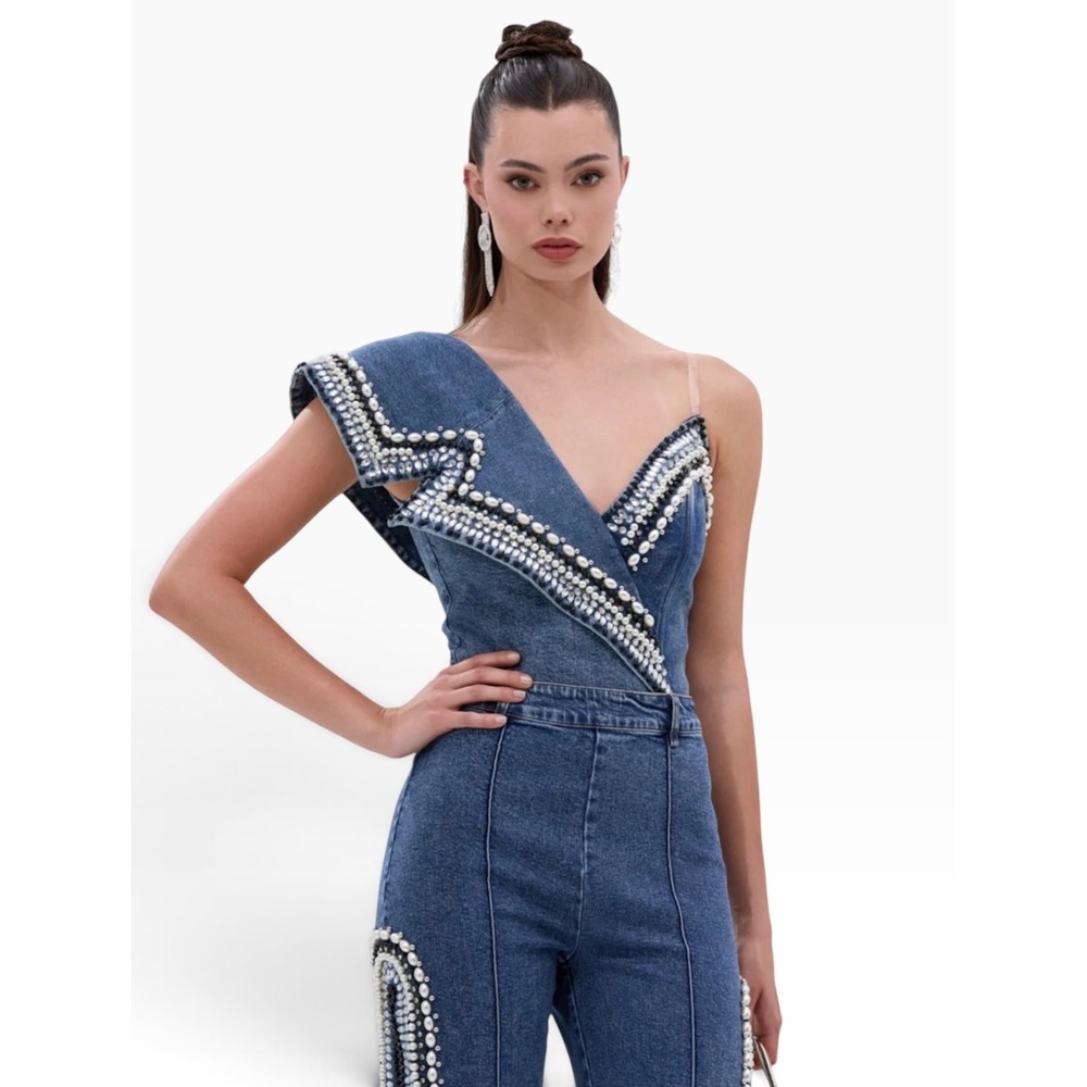 AKIRA Denim Embellished Pant Set Womens L/1X One Shoulder Stretch Set